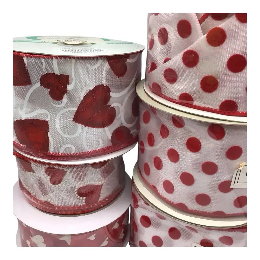 Valentine Ribbon Lot Red White Hearts Polka Dot Wired Craft Decor 6 Rolls